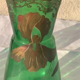 Paire de vases aux iris dore verre transparent vert et iris peint a la main art nouveau, collector