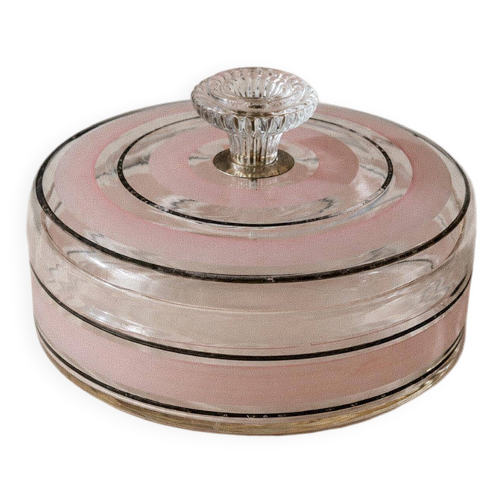 Vintage glass sweet jar from the 1960s, candy jar with a pink and black striped lid, Italian glass art.