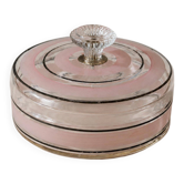 Vintage glass sweet jar from the 1960s, candy jar with a pink and black striped lid, Italian glass art.
