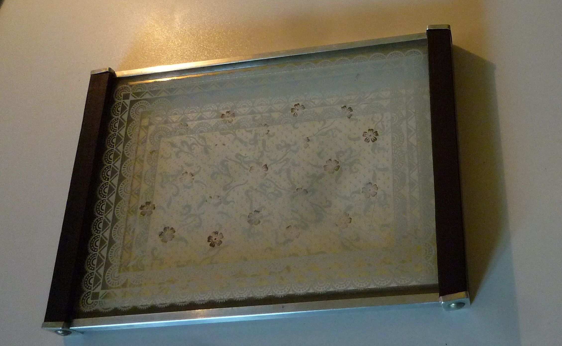 Silkscreened glass and wood tray vintage 50s