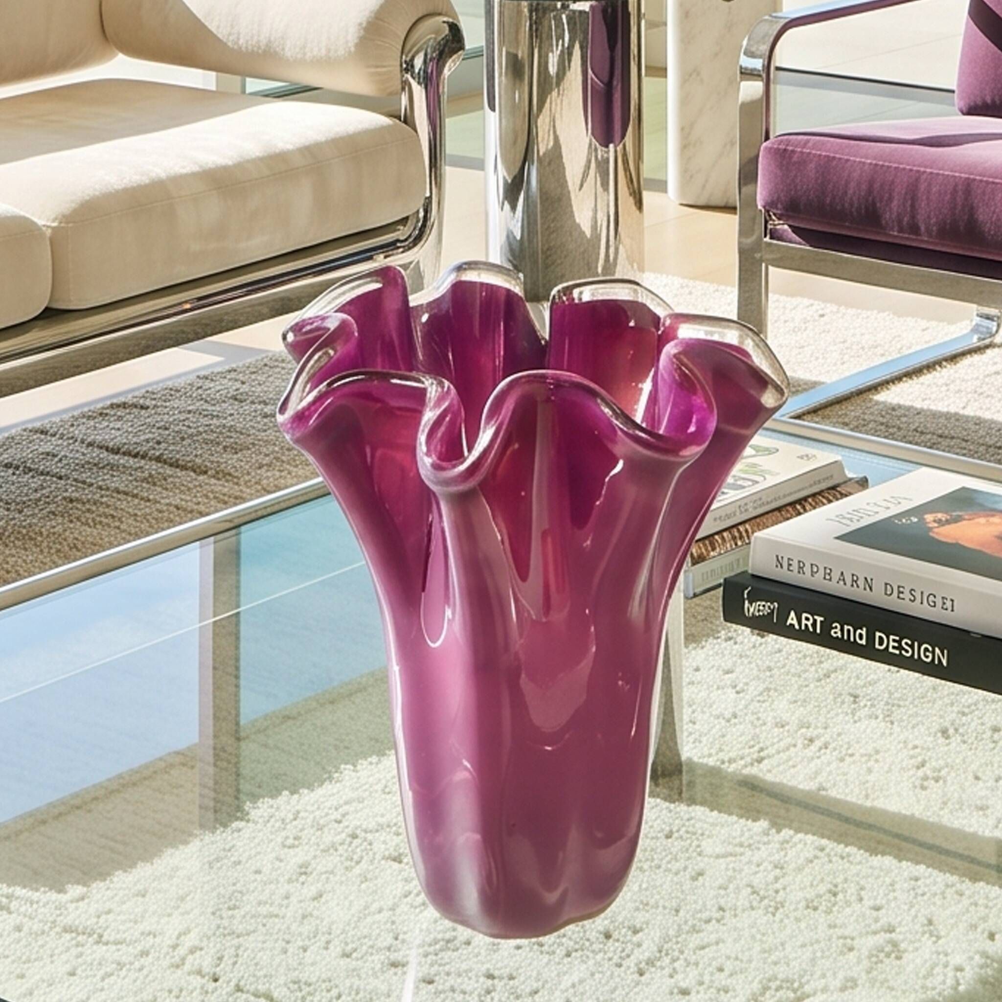 Vase en verre Murano Fazzoletto magenta-rose Michielotto des années 1970.