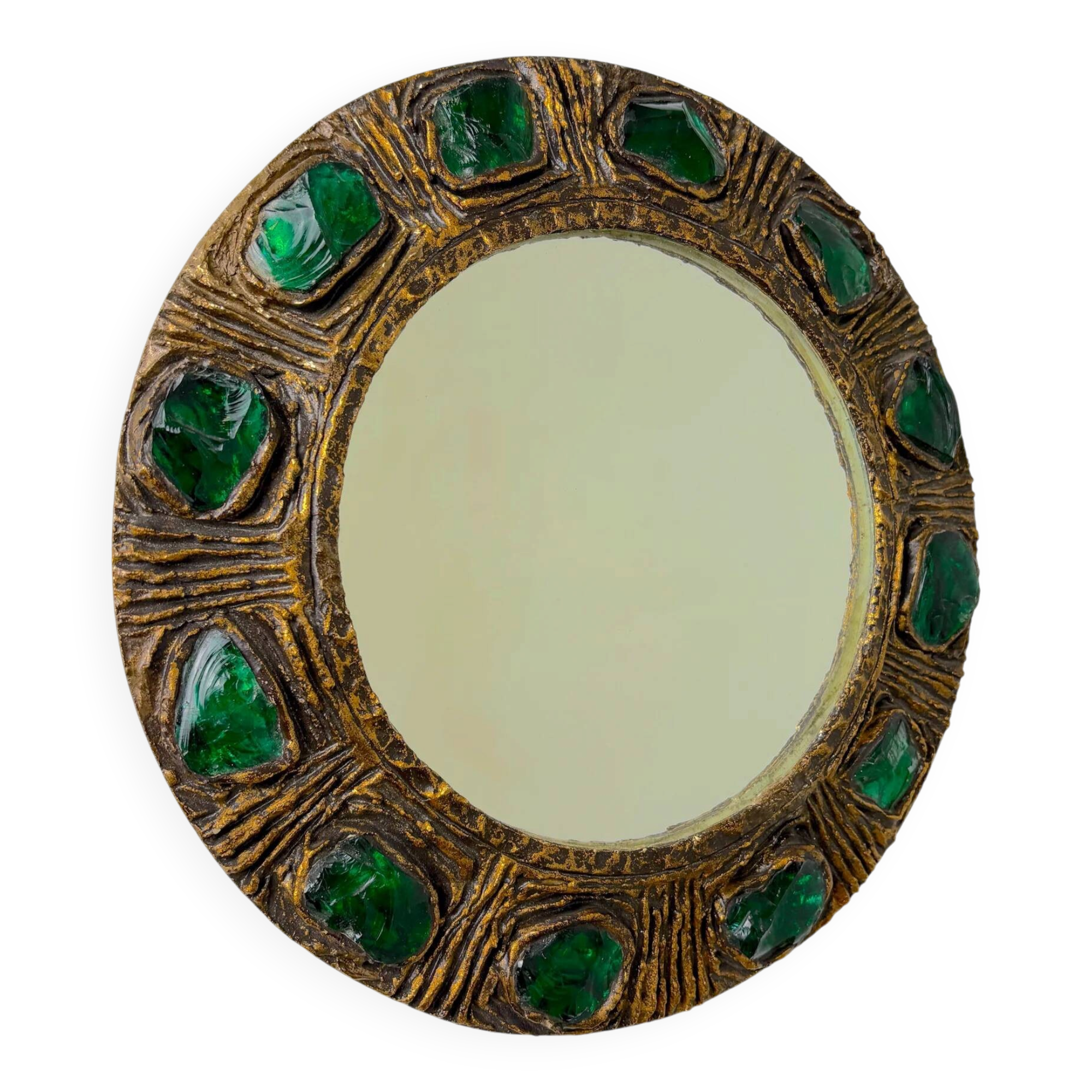 Italian mid-century mirror by Creaciones Gobesso, green Murano rock crystals, 1960s