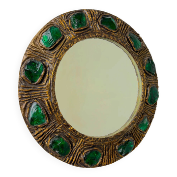 Miroir italien du milieu du siècle par Creaciones Gobesso, cristaux de roche de Murano verts, années 1960.