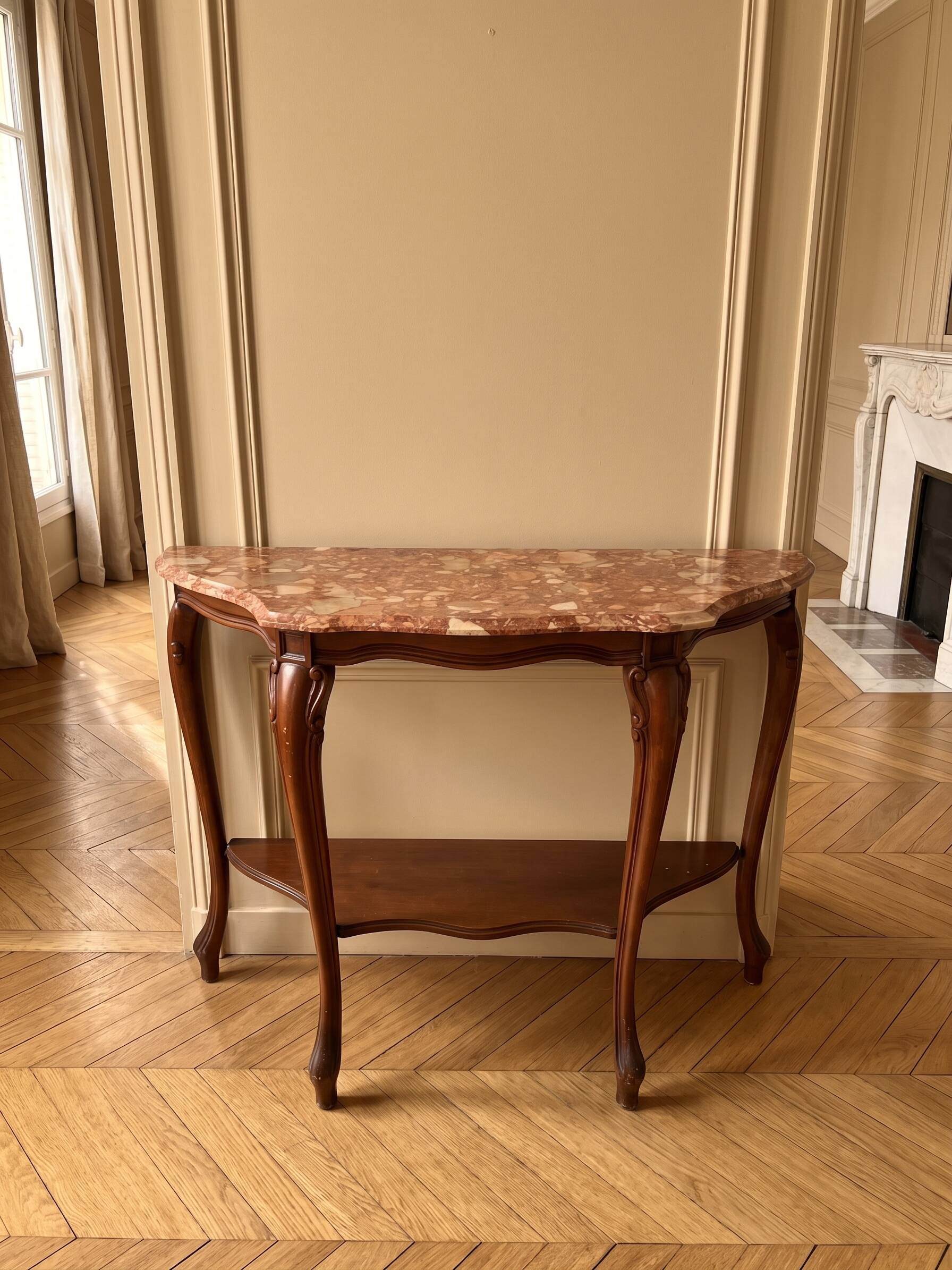 Wooden entrance console with marble top, Louis XV style.