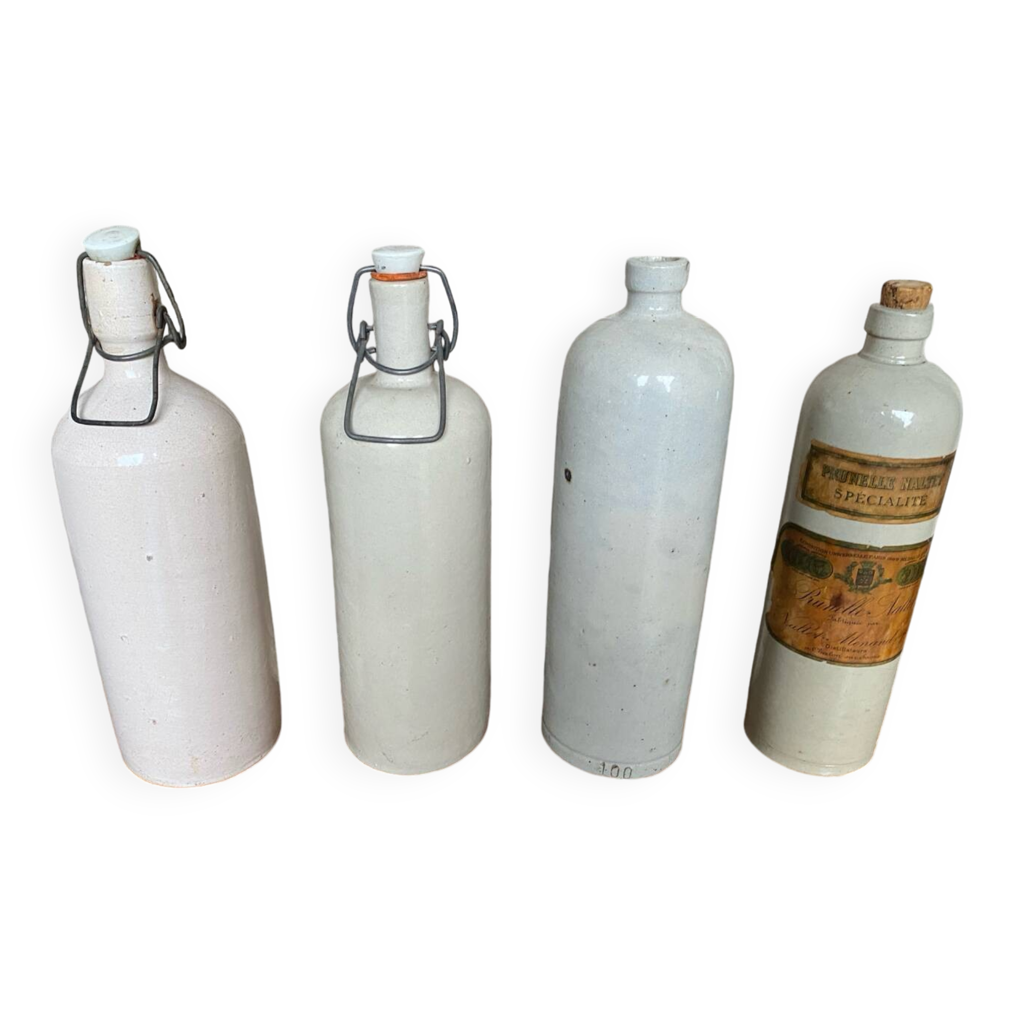 Set of 4 Old Grey Stoneware Bottles + Vintage Porcelain Stopper