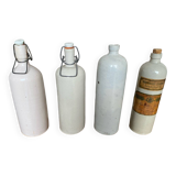 Set of 4 Old Grey Stoneware Bottles + Vintage Porcelain Stopper