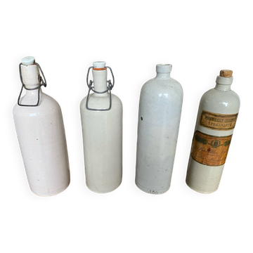Série 4 Anciennes Bouteilles Grès Gris + Bouchon Porcelaine Vintage