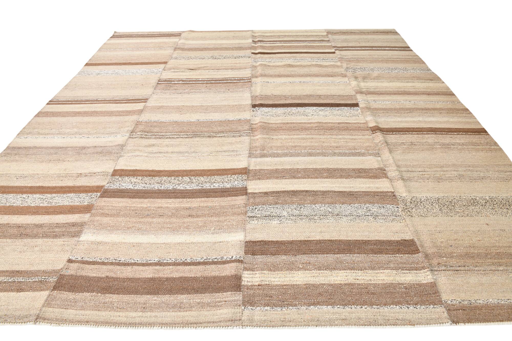 Brown & Beige Striped Large Vintage Kilim Rug, 306x336Cm