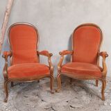 Two Voltaire type armchairs, in orange velvet