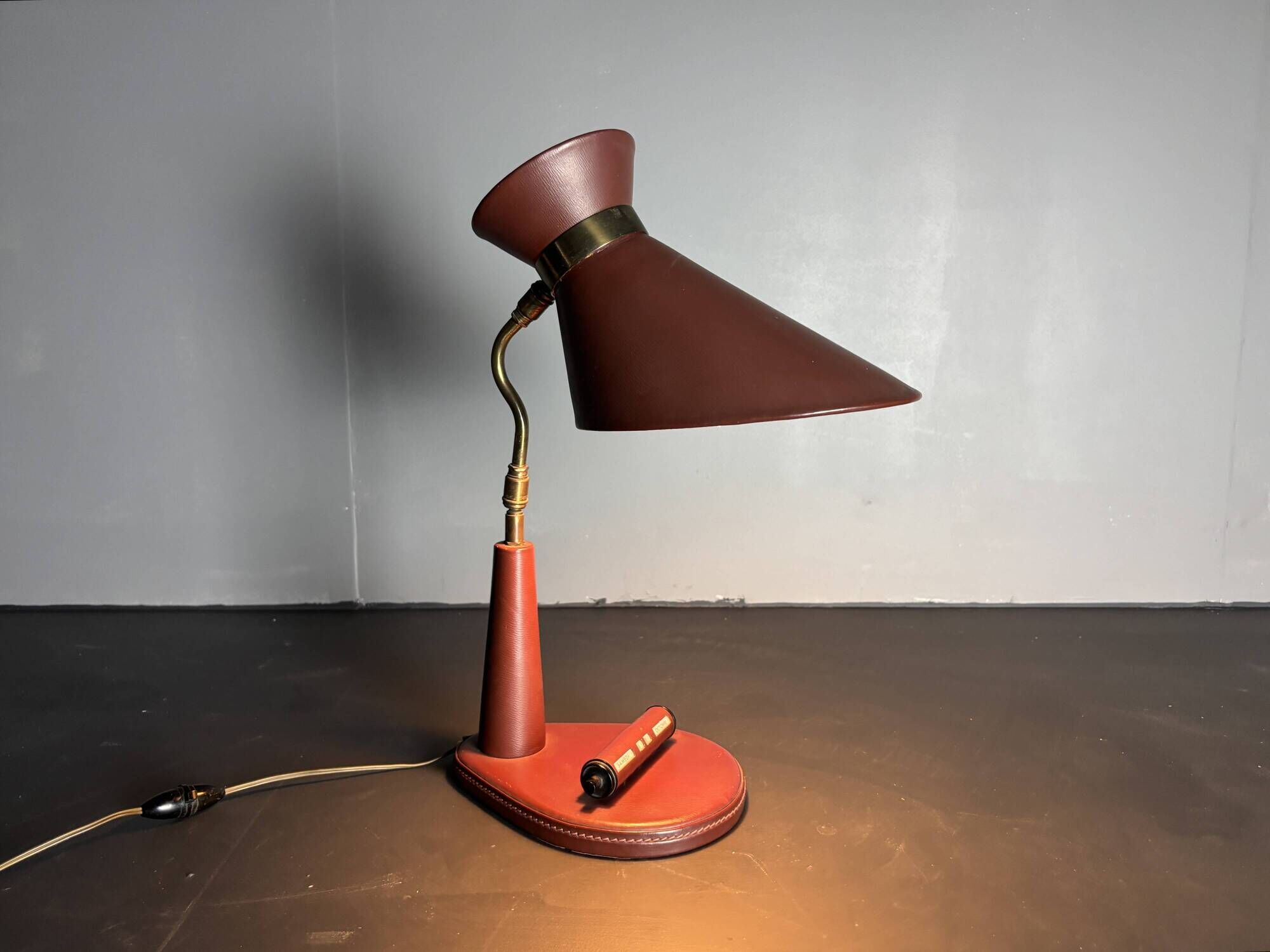 Midcentury leather wrapped French desk lamp style of Jacques Adnet, 1950s