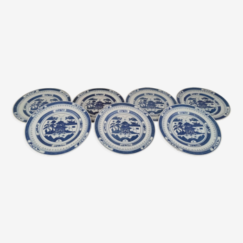 Lot de 7 assiettes à dessert en porcelaine décor paysage asiatique bleu