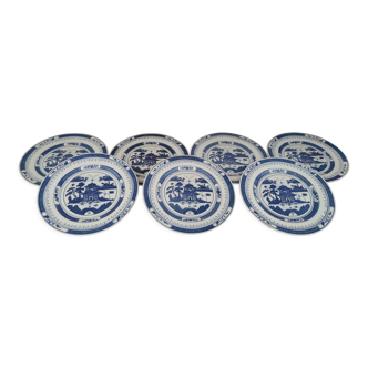 Set of 7 porcelain dessert plates décor blue Asian landscape