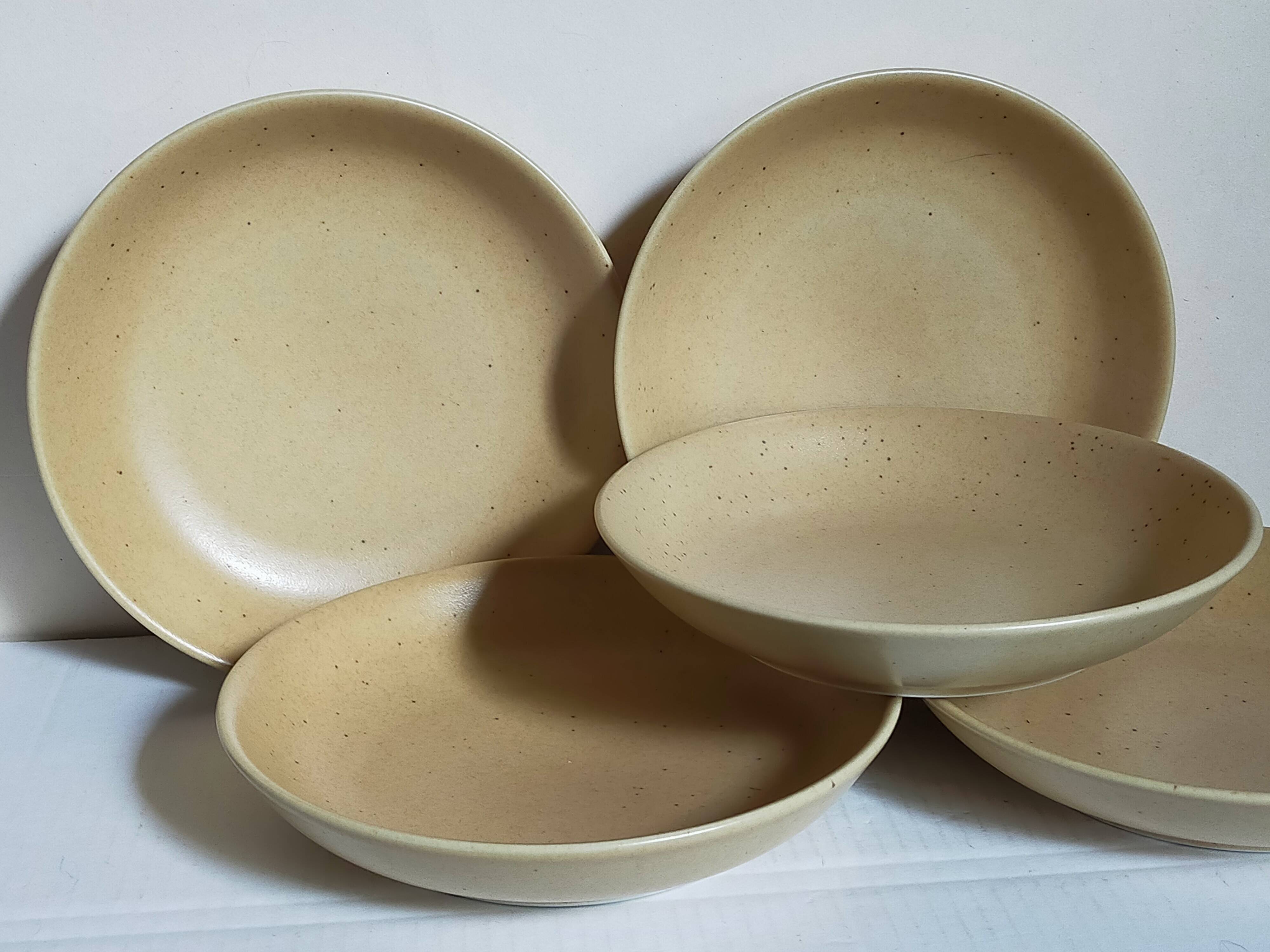Five vintage natural stoneware soup plates