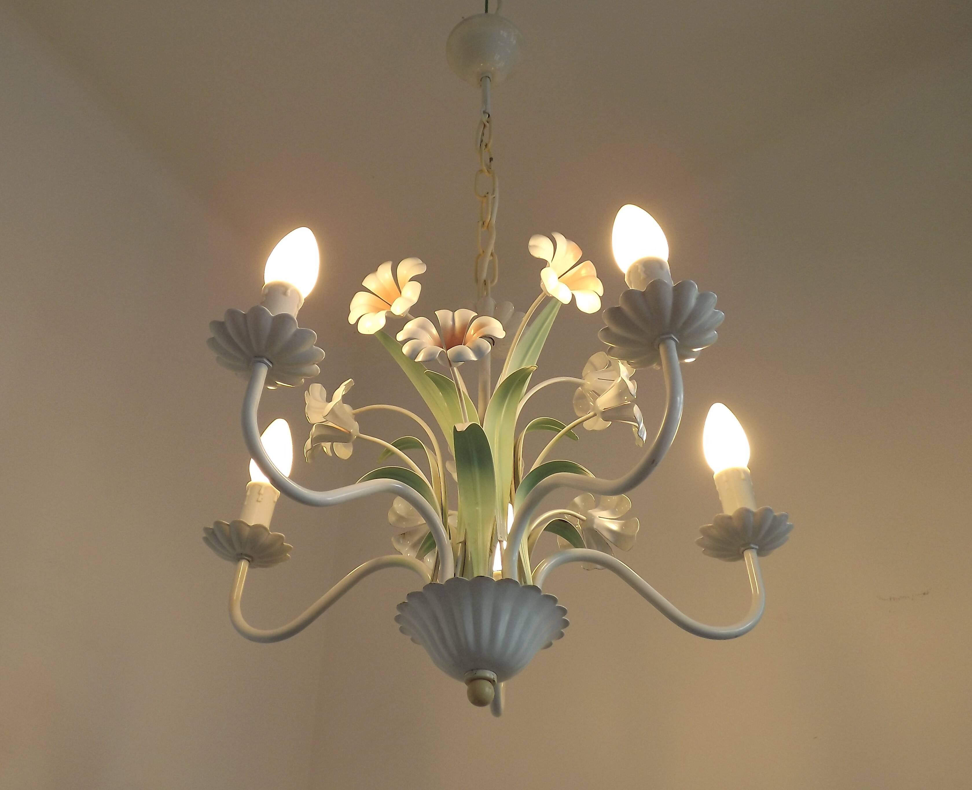 French Vintage 5 Light White Metal Chandelier With Pretty Pink Flowers