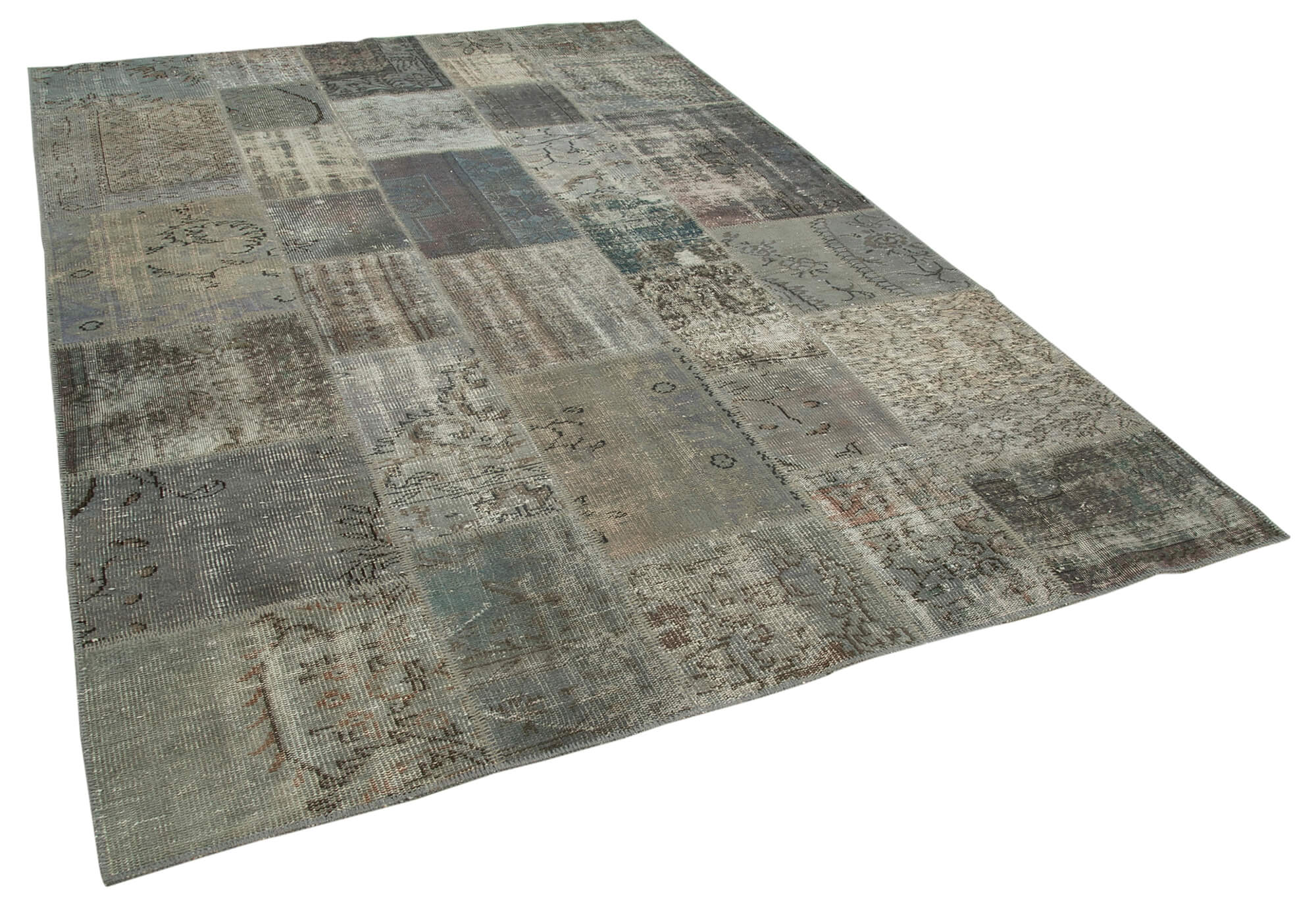 Hand-Knotted Turkish Vintage 202 cm x 300 cm Grey Patchwork Rug