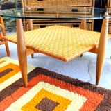 Vintage coffee table in woven wicker and rattan glass from the 60s/70s