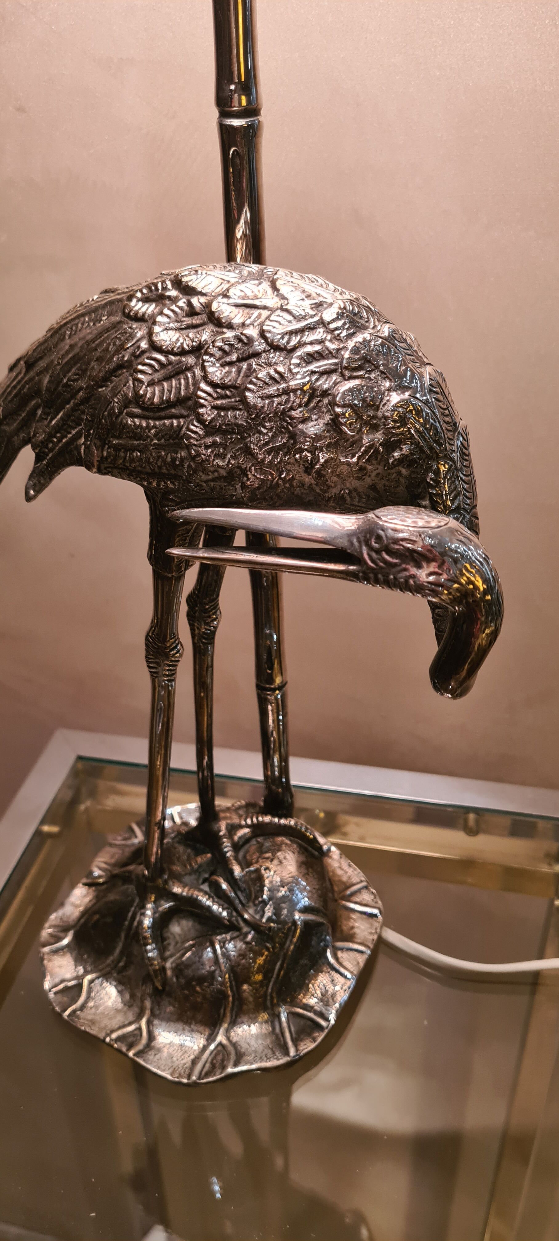 silver metal lamp, heron, wader, bamboo