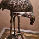 silver metal lamp, heron, wader, bamboo