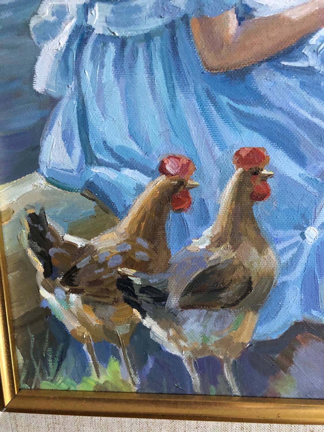 Oil on canvas young girl with chickens