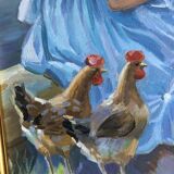 Oil on canvas young girl with chickens