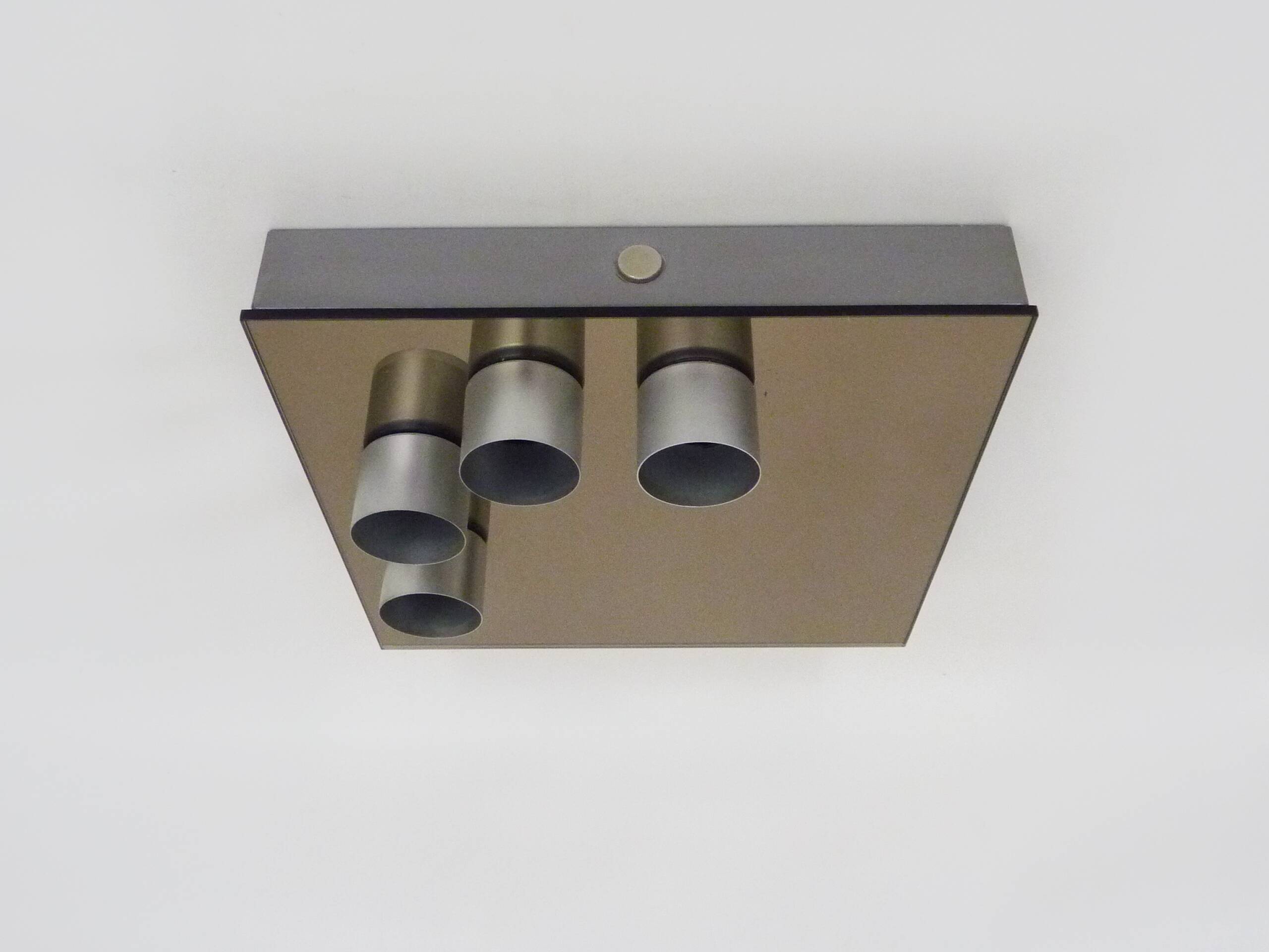 Vintage smoked mirror ceiling light with 4 bulbs, stainless steel structure and mirror.