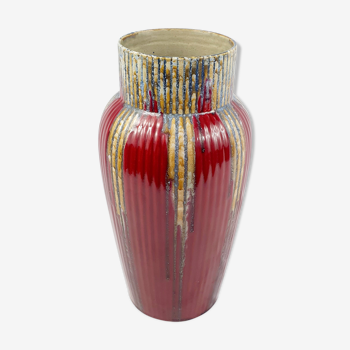 Vase céramique De Bruyn Fives Lille période Art Deco rouge foncé strié ancien vintage