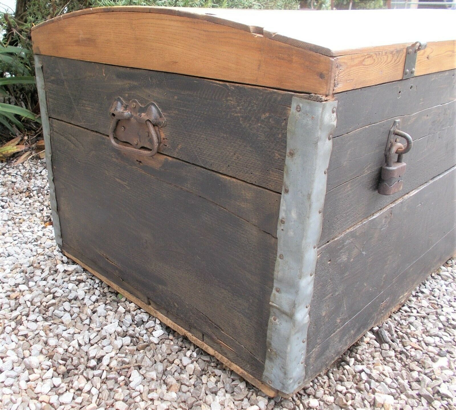 Antique wood trunk, large tool ches