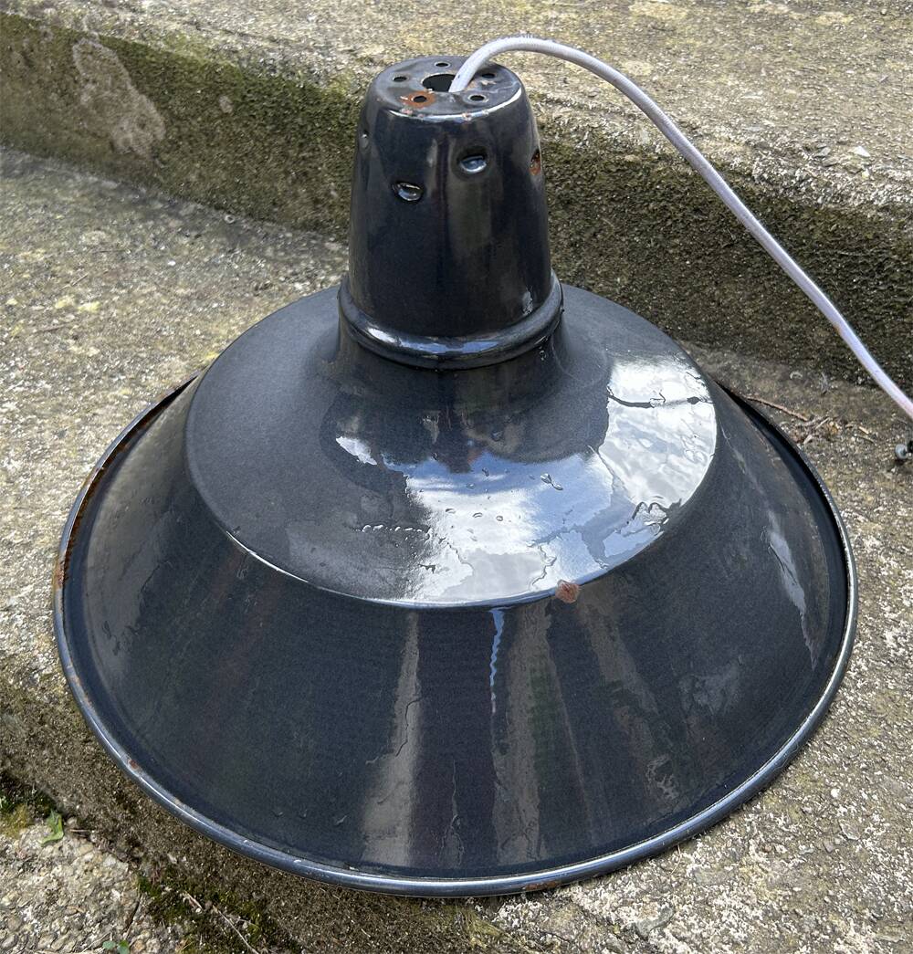 Industrial enameled pendant light, gray blue, vintage.