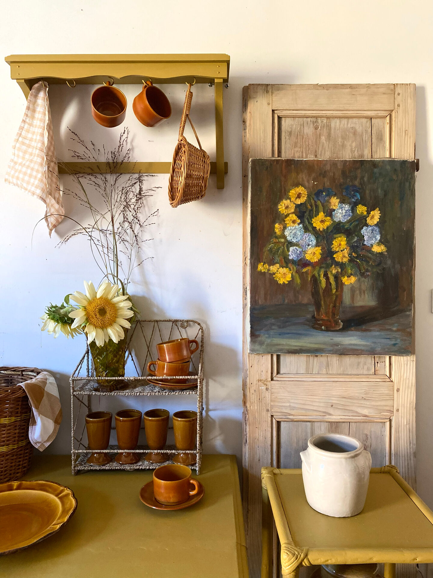 Oil on canvas, bouquet of yellow and blue flowers, mid-20th century.