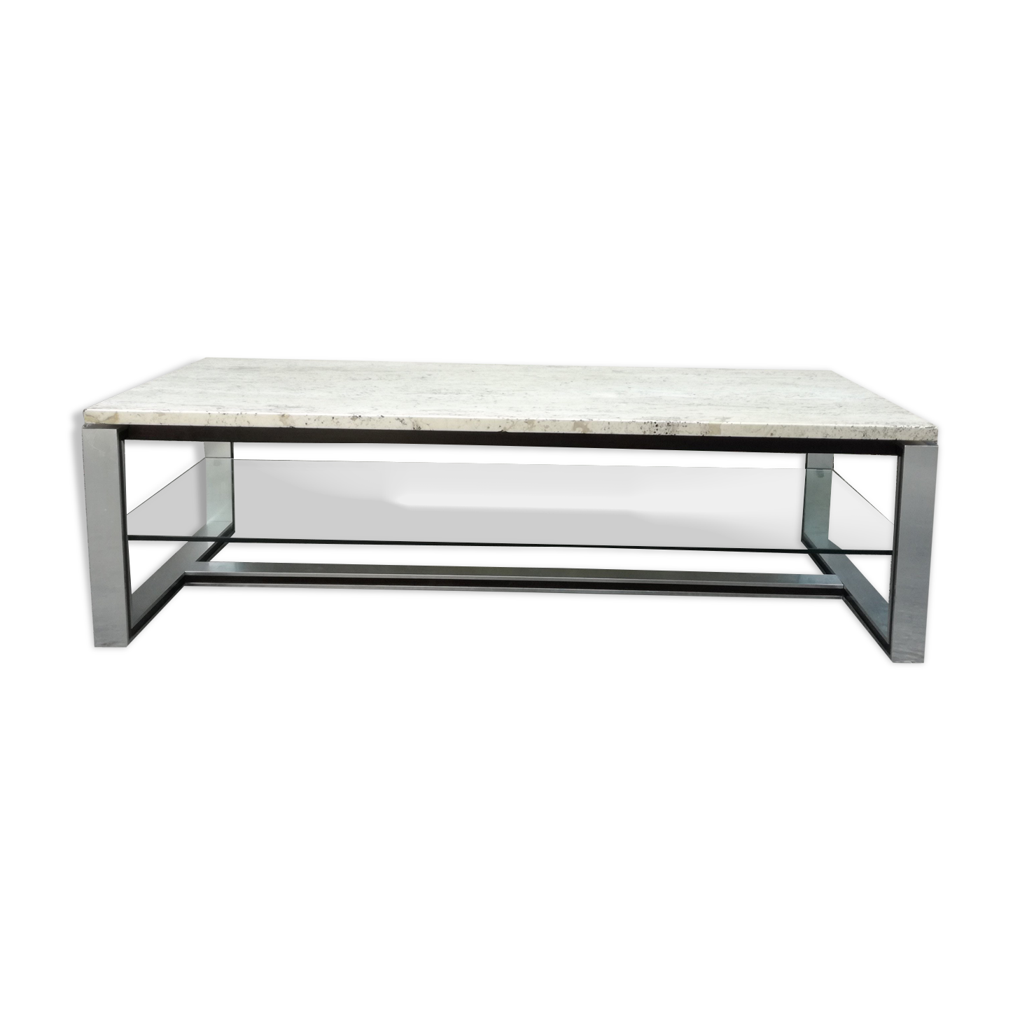 Rectangular coffee table in travertine, glass and aluminium L120