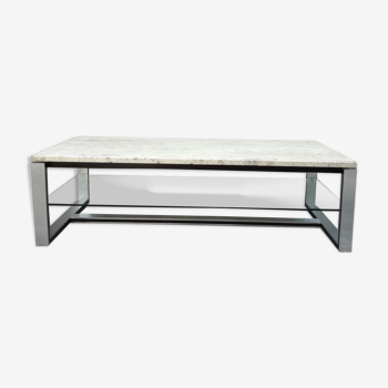 Table basse rectangulaire en travertin, en verre et en aluminium l120