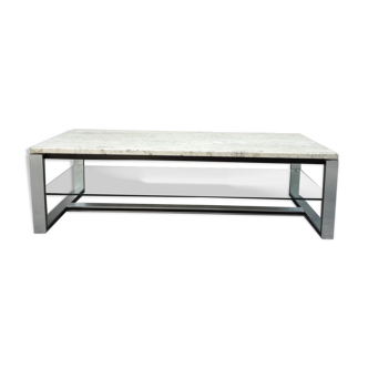 Rectangular coffee table in travertine, glass and aluminium L120