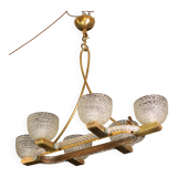 Art Decò Seguso Oval Mid-Century Six- Light Murano Glass and Brass Chandeli