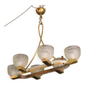 Art Decò Seguso Oval Mid-Century Six- Light Murano Glass and Brass Chandeli