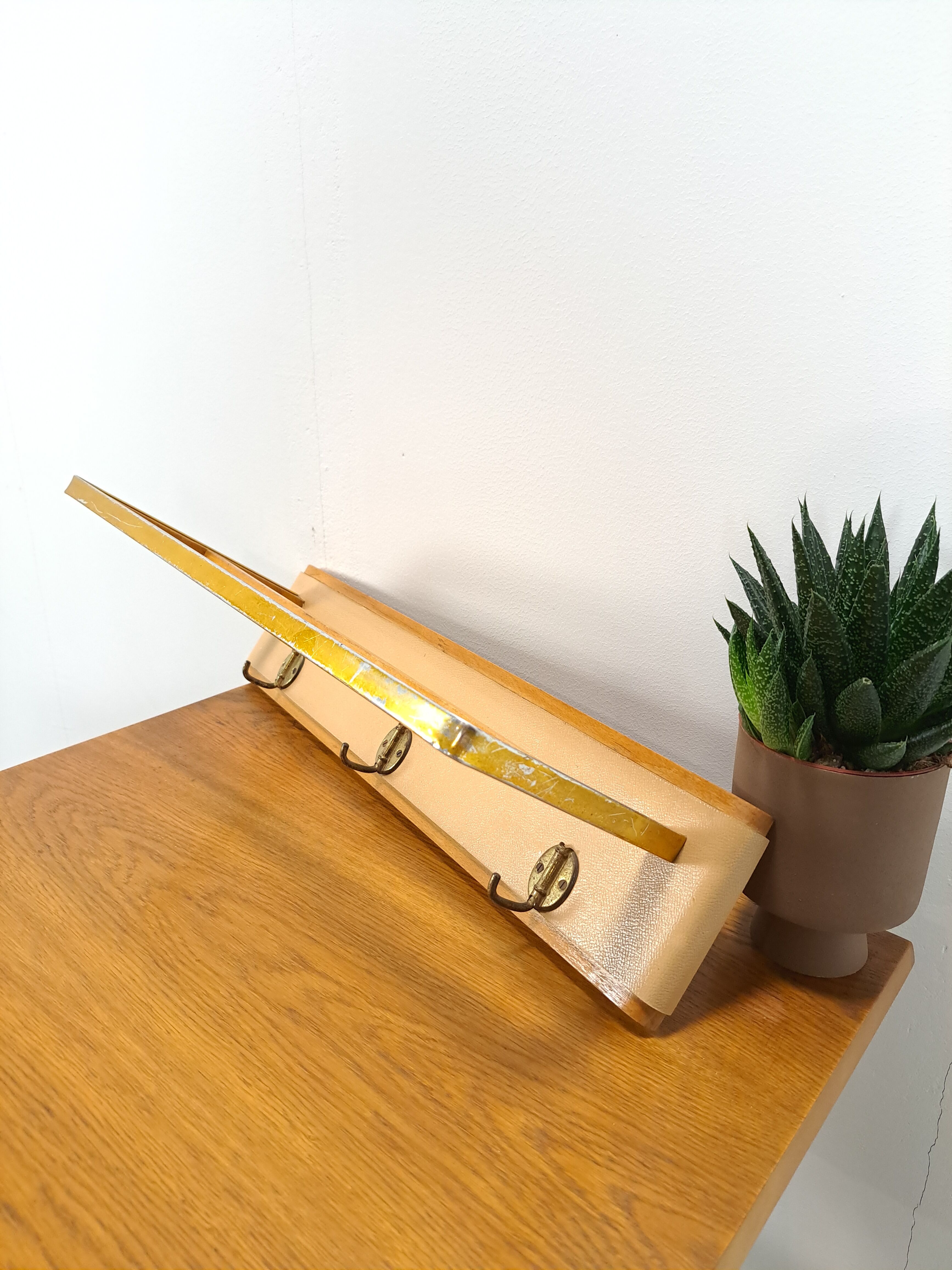 Wall coat rack with brass and leather vintage