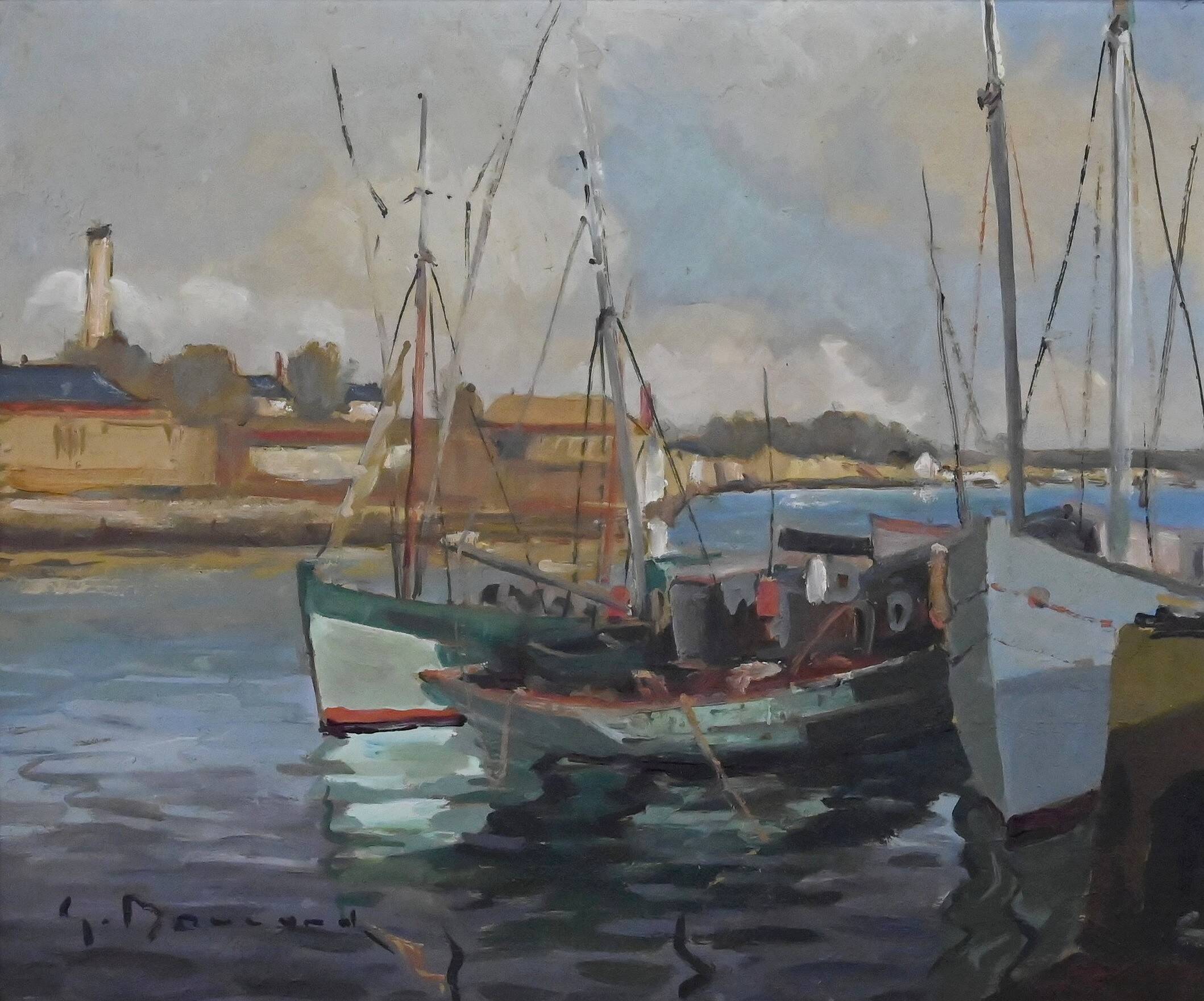 Painting "Thoniers at Dock", oil on panel, signed G. Boulard – Mid 20th century