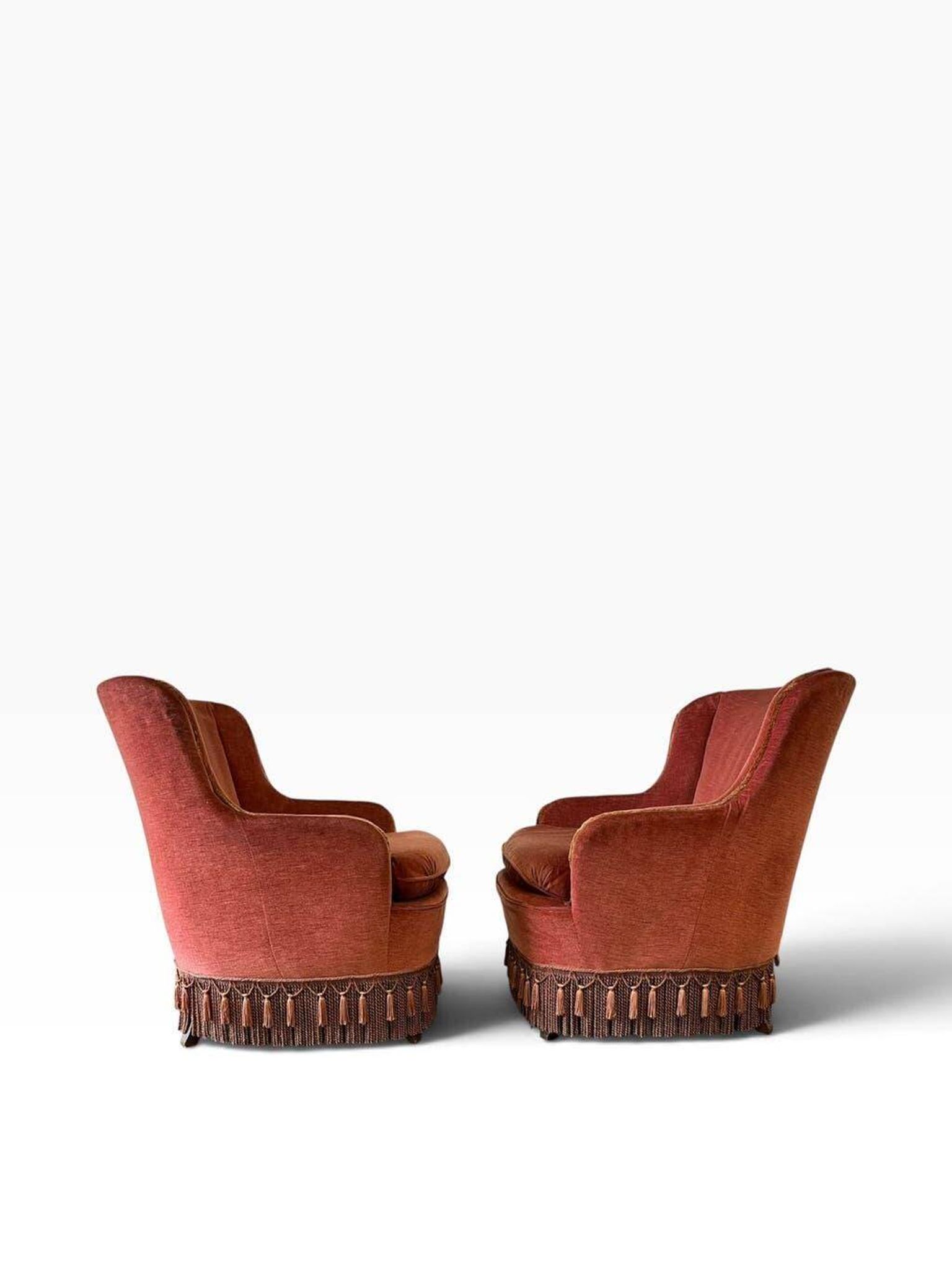 Ensemble de 2 fauteuils/sièges vintage rose poudré à franges