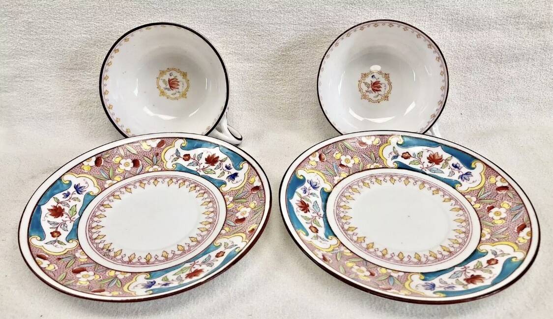 2 old Sarreguemines Minton porcelain tea cups + saucers