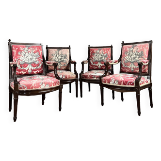 Suite of four queen's armchairs in louis xvi style mahogany xix eme century