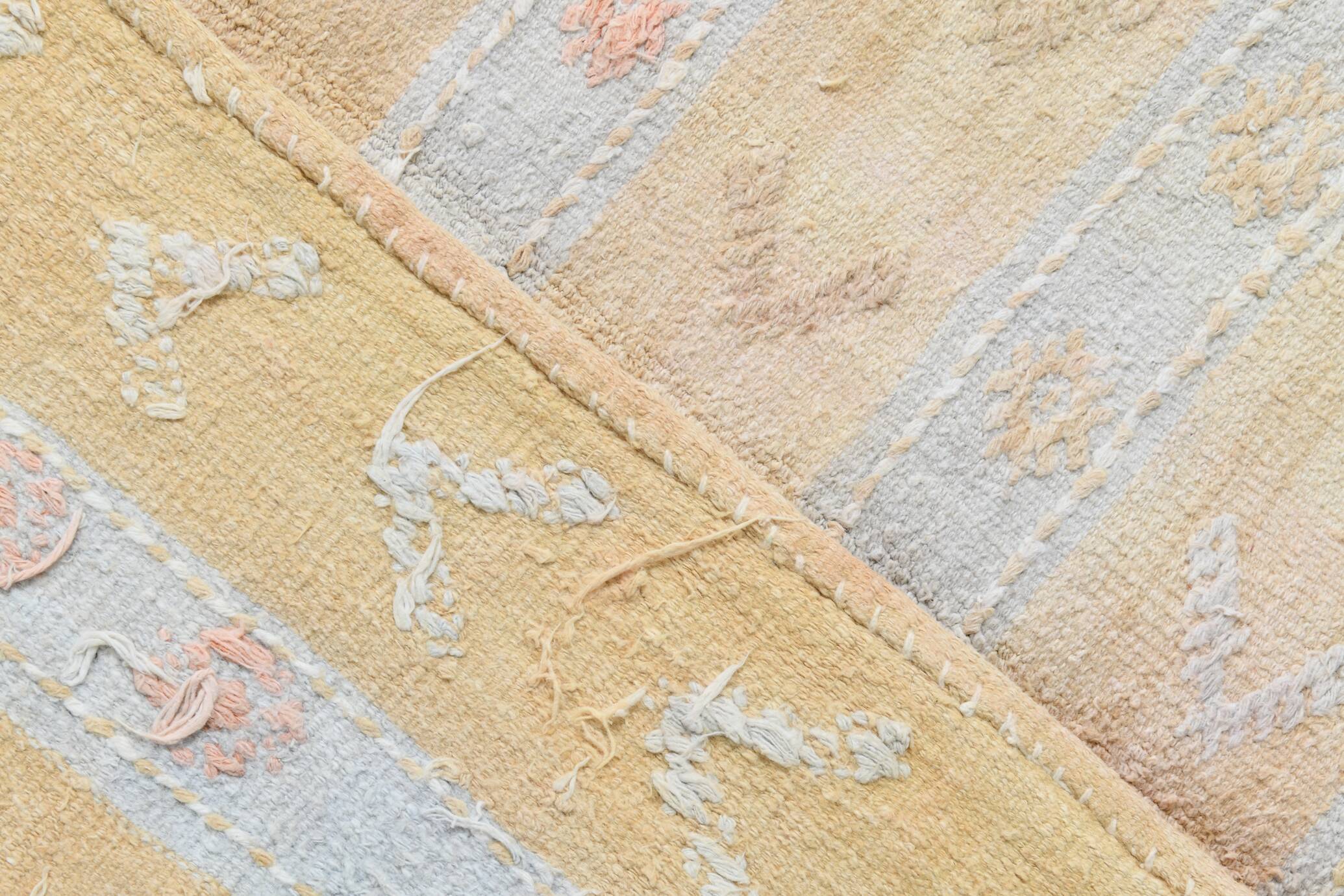 Soft Beige & Mustard Yellow Striped Wool Kilim Rug, 155x396