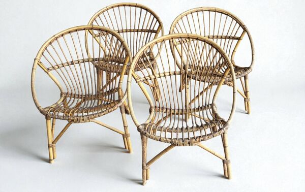 Salon, fauteuil et table en rotin 1960's