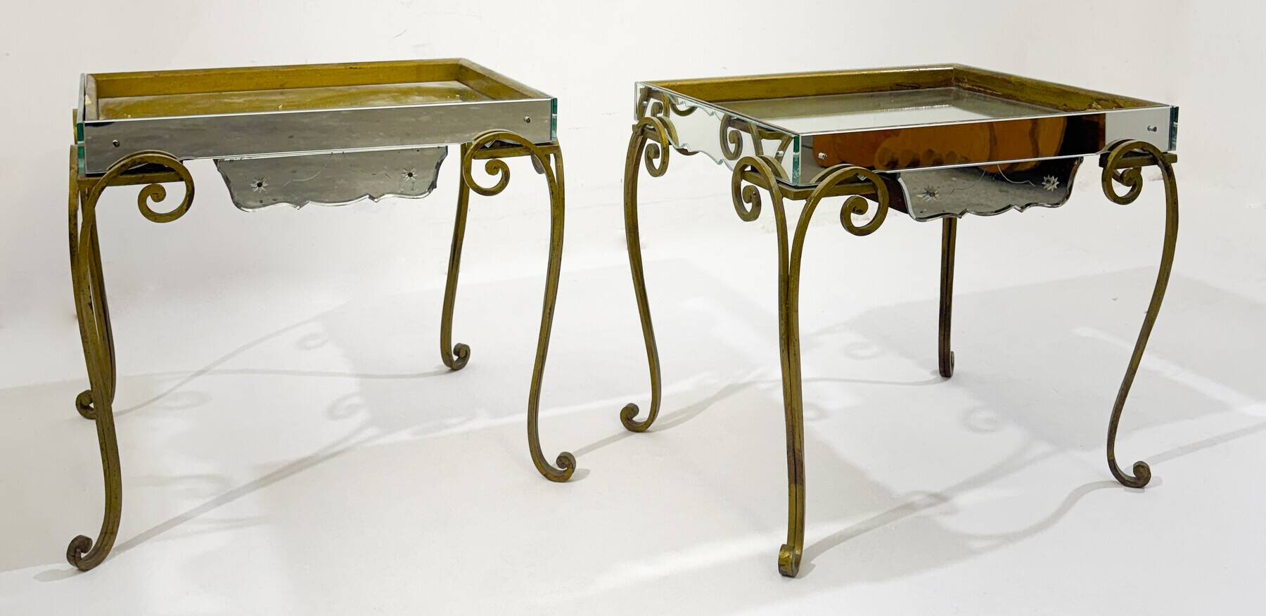Pair of side tables, glass and brass, 1940s