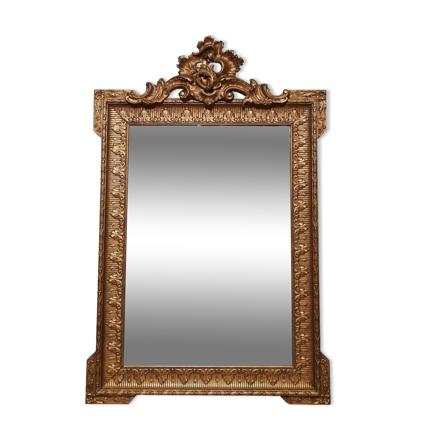 Mirror with pediment rocaille in gilded wood and stucco Louis XV style