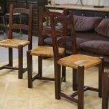 Set of 4 chairs in elm and straw by Aranjou 1950s