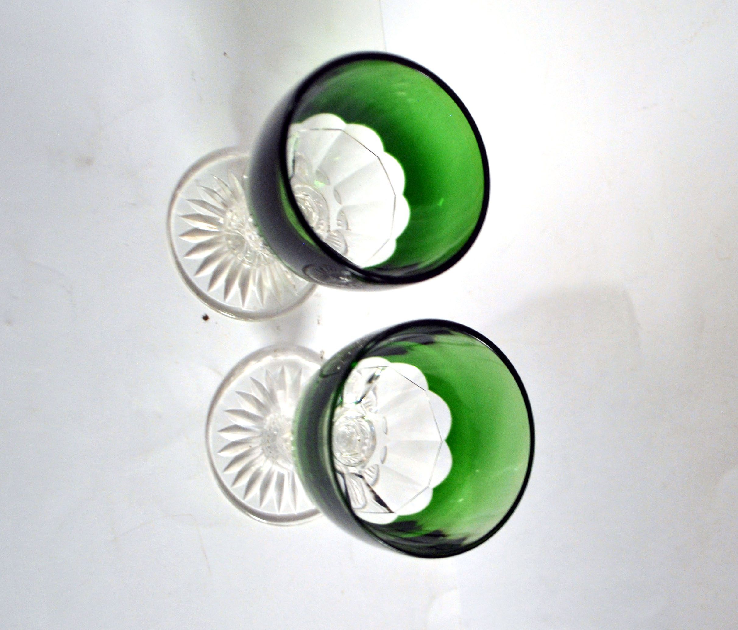 Set of 2 green cut crystal Rhine wine glasses, double H10.8cm.