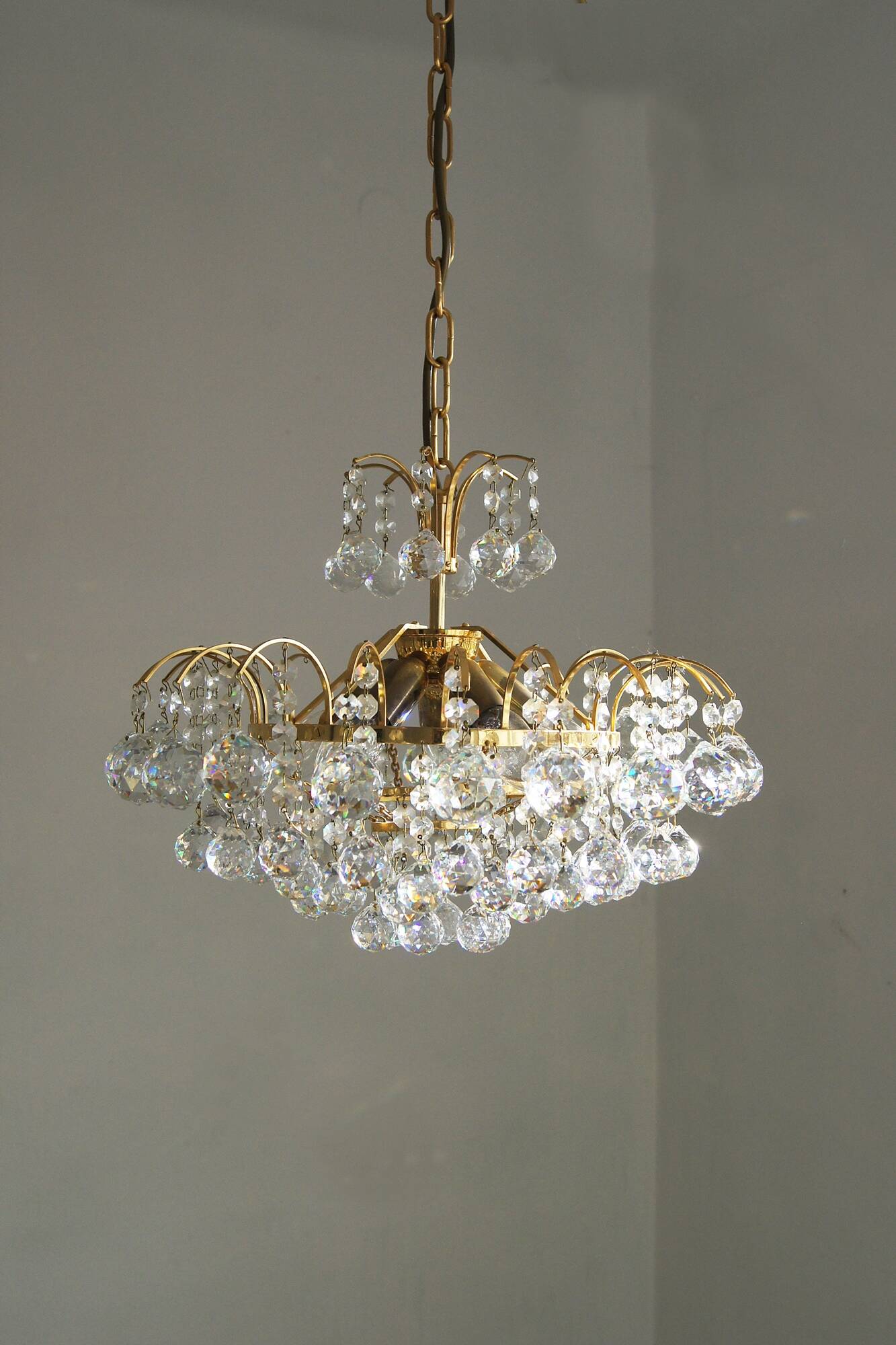 Large mid-century brass & crystal glass ceiling lamp from christoph palme