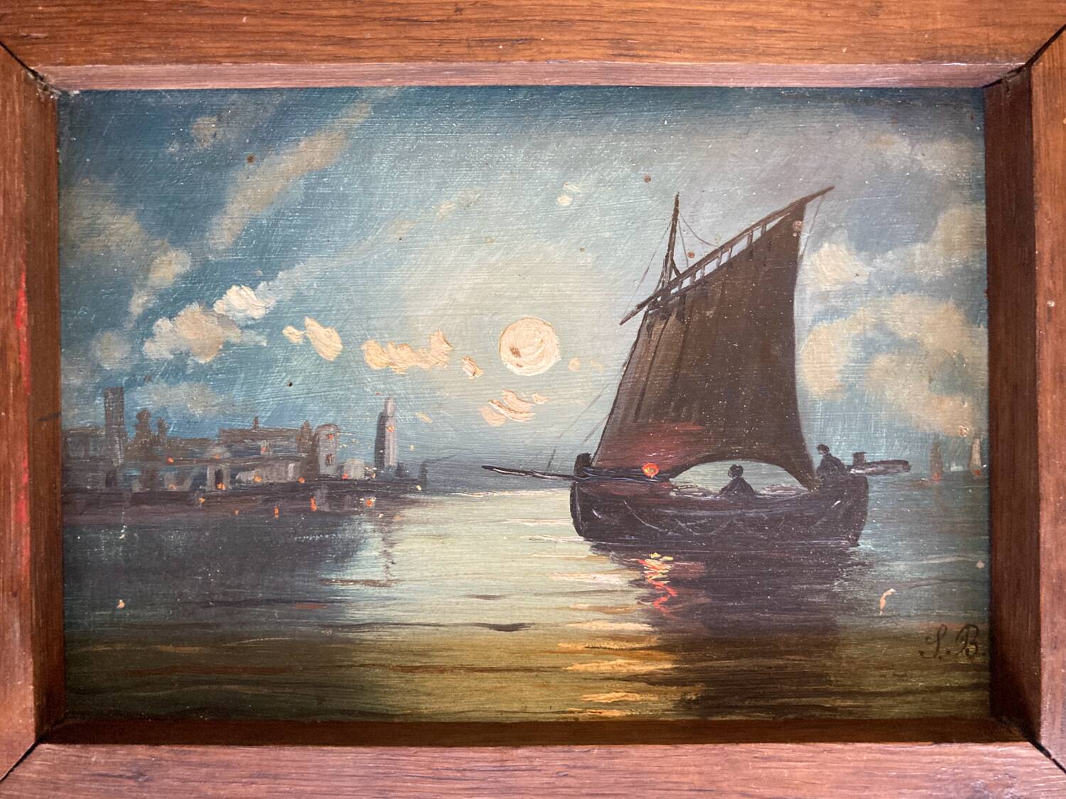 Painting. Oil on wood. Seascape, night, moonlight, fishing boat