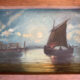 Painting. Oil on wood. Seascape, night, moonlight, fishing boat