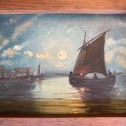 Painting. Oil on wood. Seascape, night, moonlight, fishing boat
