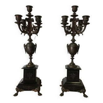 Pair of candlesticks with 5 branches in marble and patinated metal, 19th century